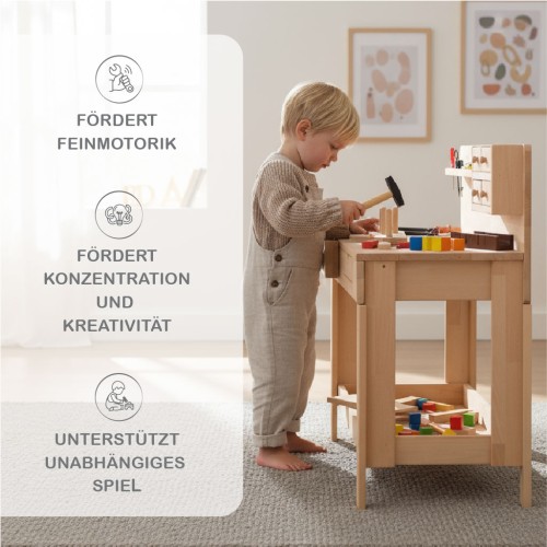 Kinderhobelbank aus Holz mit Infografik zu pädagogischen Vorteilen – Kind spielt konzentriert, zeigt Feinmotorik und Kreativität. Kinderhobelbank aus Holz mit Infografik zu pädagogischen Vorteilen – Kind spielt konzentriert, zeigt Feinmotorik und Kreativität.