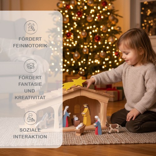 Preview: Kinder Krippenstall mit Schindeln unter dem Weihnachtsbaum
