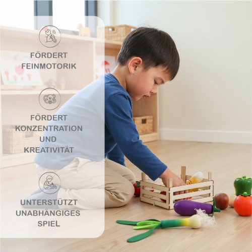 Preview: Kind spielt mit einem Set aus Holz mit Stiege - 8-teilig - mit Obst und Gemüse - Feature