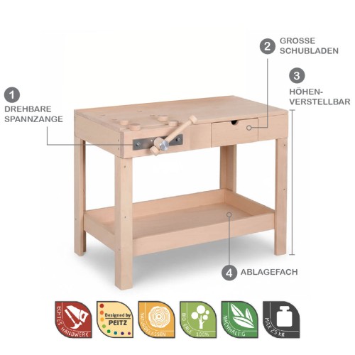 Preview: Kinderwerkbank aus Holz mit allen Features