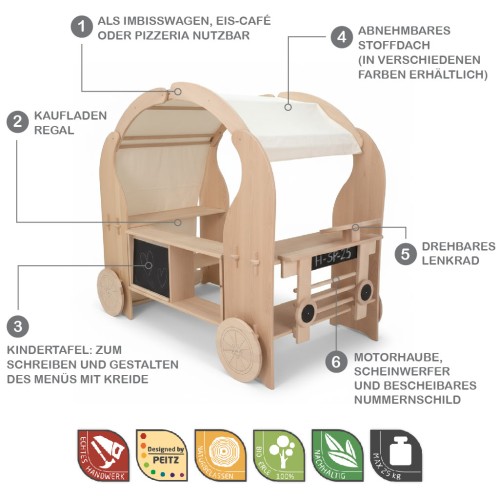 Preview: Kinder Foodtruck aus Holz mit allen Features.