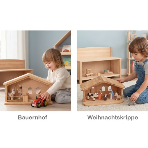 Preview: Kinder spielen mit dem Bauernhof und mit der Kinderkrippe aus Holz von Holzspielzeug Peitz
