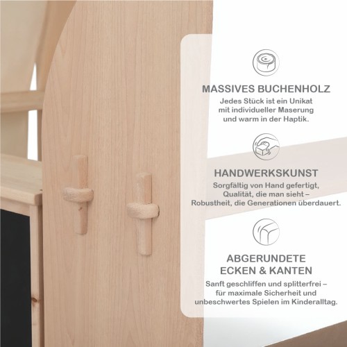 Kinder Foodtruck aus Holz zeigt Nahaufnahme und Detail der Holzmaserung und Verarbeitung..