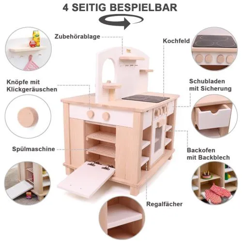Weiße Kinder-Küche Cinderella, 4-seitig bespielbar aus Massivholz | 2050 W