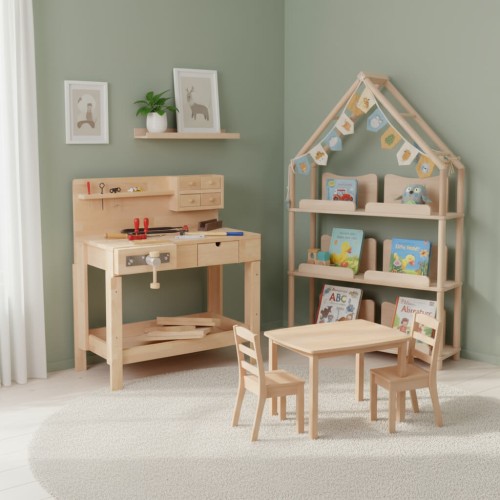 Kinderhobelbank aus Holz mit zwei spielenden Kindern in hellem skandinavischem Kinderzimmer mit Möbeln von Holzspielzeug Peitz– höhenverstellbare Werkbank von Holzspielzeug Peitz. Kinderhobelbank aus Holz mit zwei spielenden Kindern in hellem skandinavischem Kinderzimmer mit Möbeln von Holzspielzeug Peitz– höhenverstellbare Werkbank von Holzspielzeug Peitz.