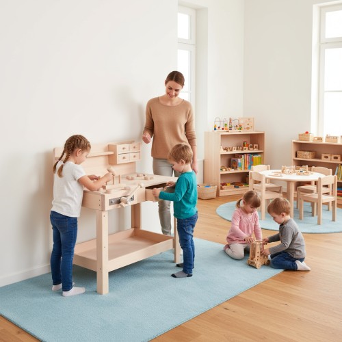 Kinderwerkbank höhenverstellbar im Kindergarten oder Kita aus massivem Holz von Holzspielzeug Peitz– höhenverstellbare Werkbank von Holzspielzeug Peitz. Kinderwerkbank höhenverstellbar im Kindergarten oder Kita aus massivem Holz von Holzspielzeug Peitz– höhenverstellbare Werkbank von Holzspielzeug Peitz.