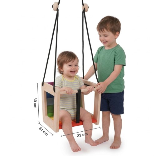 Babyschaukel Größenvergleich mit Kind und Maßangaben für Sitz und Höhe