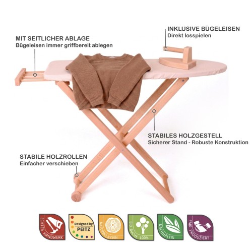 Holz Kinder Bügelbrett mit Ablage, stabilem Gestell und Bügeleisen