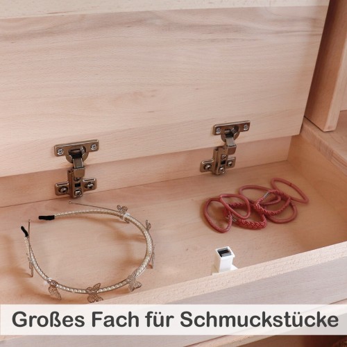 Geöffnetes Staufach im Schminktisch für Schmuck und Zubehör