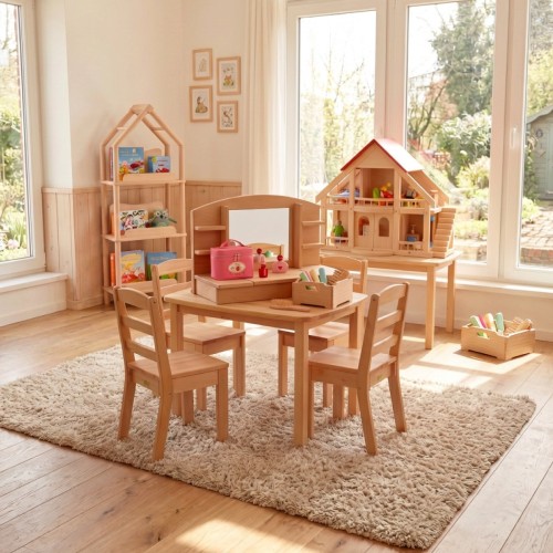 Schminktisch aus Holz integriert in ein helles Kinderzimmer