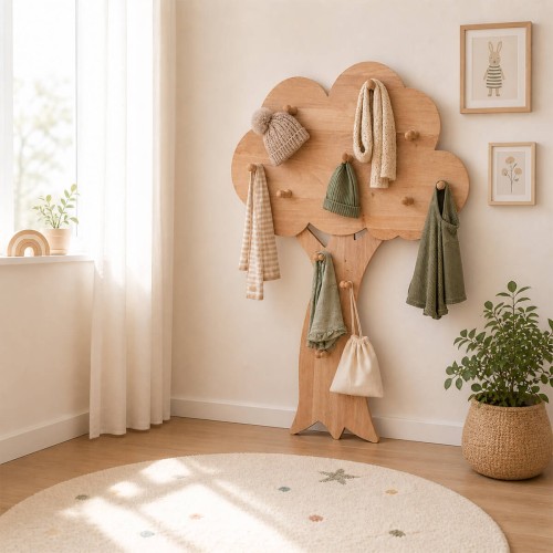 Ein Kinderzimmer im Waldorf Montessori Stil mit Baum Garderobe