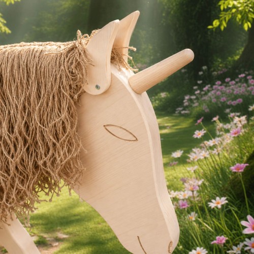 Weißes Einhorn im Fantasieland mit Blumen.