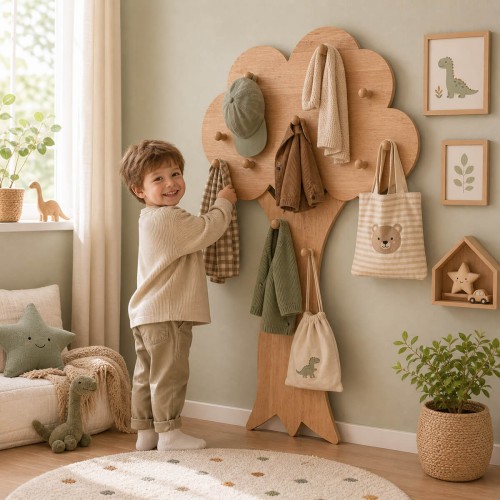 Ein kleiner Junge hängt einen Schal an die Baum Garderobe