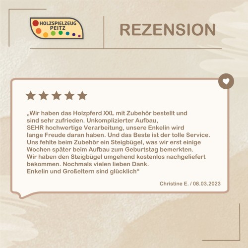 Positive Kundenbewertung und Rezension zum handgefertigten Holz Alpaka von Holzspielzeug Peitz.