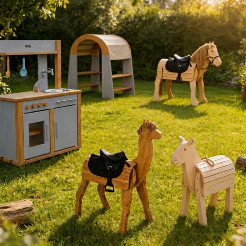 Holz Alpaka kombiniert mit Outdoor-Spielwelt und weiteren Holzspielzeugen im Garten.