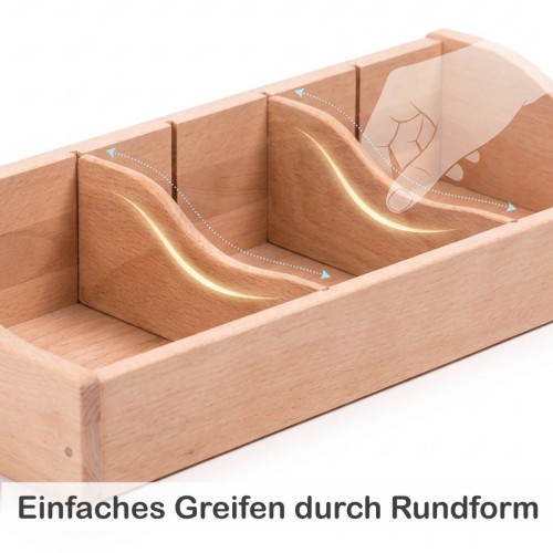 Abgerundete Griffmulden am Holz Kaufladen Einsatz erleichtern sicheres Greifen für Kinder