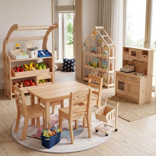 Holz Kaufladen Einsatz harmonisch integriert in ein großes skandinavisches Kinderzimmer
