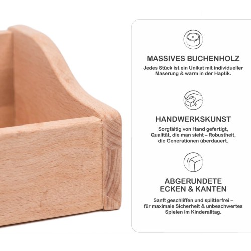 Detailaufnahme vom Holz Kaufladen Einsatz zeigt Massivholz, Handwerkskunst und abgerundete Kanten