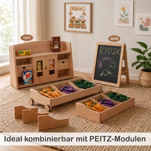 Holz Kaufladen Einsatz kombinierbar mit weiteren PEITZ Modulen für flexible Spielwelten