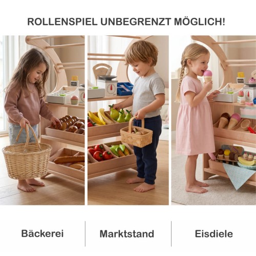 Holz Kaufladen Einsatz als Bäckerei, Marktstand und Eisdiele für vielseitige Rollenspiele