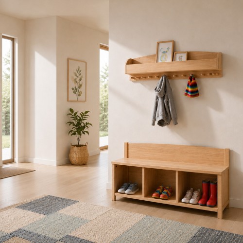 Kinder Garderobe mit Sitzbank und 3 Fächern harmonisch im hellen Flur integriert.
