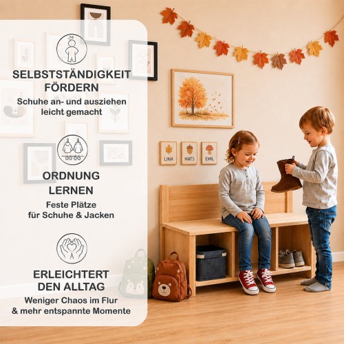Kinder Garderobe mit Sitzbank fördert Selbstständigkeit, Ordnung und Alltagserleichterung.
