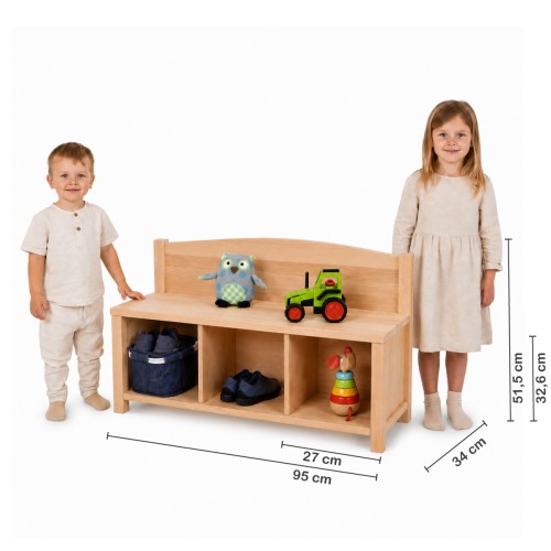 Kinder Sitzbank mit 3 Fächern im Größenvergleich mit Kindern – Maße und Sitzhöhe sichtbar.
