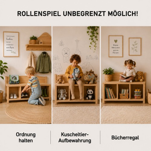 Kinder Sitzbank mit 3 Fächern vielseitig nutzbar für Ordnung, Kuscheltiere und Bücherregal.