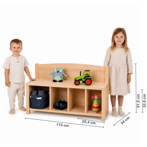 Kinder Sitzbank mit 4 Fächern im Größenvergleich – Breite, Tiefe und Sitzhöhe klar dargestellt.