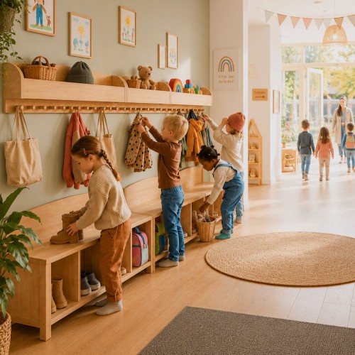Kinder Sitzbank mit Garderobe und 4 Fächern – großzügiger Stauraum für Flur und Kinderzimmer.