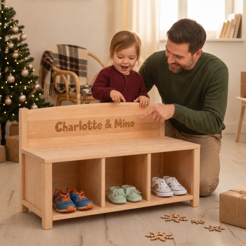 Personalisierte Kinder Sitzbank mit einer Schublade und Namensgravur als besonderes Geschenk.