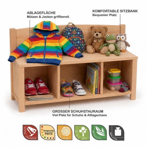 Kinder Sitzbank mit 3 Schuhfächern zeigt Ablagefläche, Sitzbank und großen Schuhstauraum.