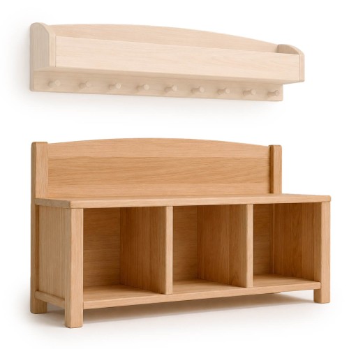 Kinder Garderobe mit Sitzbank und 3 Schuhfächern im Kinderzimmer – ordentlich und kindgerecht.