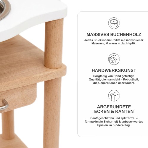 Detailaufnahme des Montessori Waschtisch NERI zeigt massives Buchenholz, Handwerkskunst und abgerundete Kanten