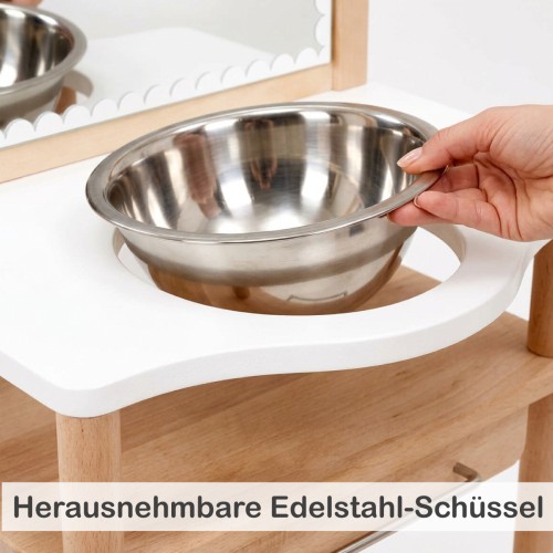 Herausnehmbare Edelstahl-Schüssel am Montessori Waschtisch NERI erleichtert Reinigung und tägliche Nutzung