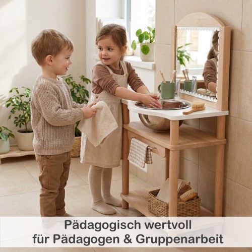 Zwei Kinder nutzen Montessori Waschtisch NERI gemeinsam und lernen pädagogisch wertvolle Pflegeroutinen
