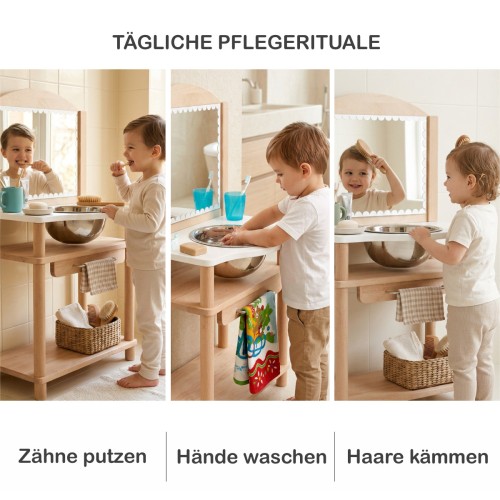 Montessori Waschtisch NERI unterstützt tägliche Pflegerituale wie Zähneputzen, Hände waschen und Haare kämmen