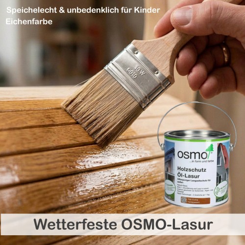 Holz Alpaka mit wetterfester und speichelechter OSMO-Lasur für den Outdoor-Bereich.