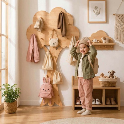 Kind nutzt Baum Garderobe im hellen Kinderzimmer und lernt selbstständig Ordnung halten