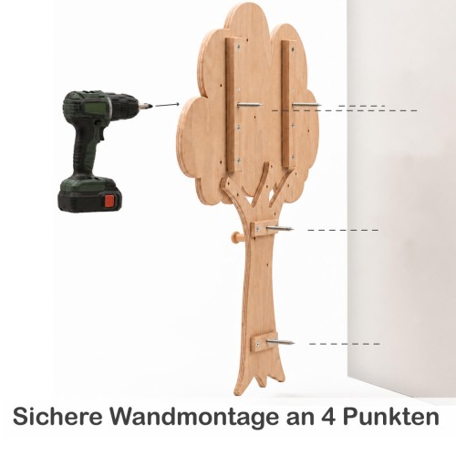 Baum Garderobe Kinder mit sicherer Wandmontage an drei Punkten für stabilen Halt