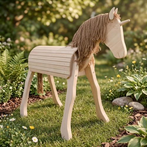 Holzpferd mit Einhorn-Horn steht im Garten – natürliche Integration für fantasievolles Spielen im Freien