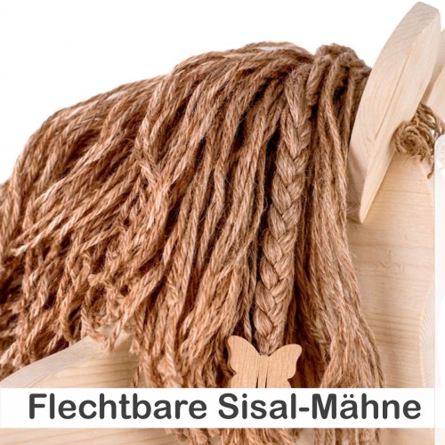 Detailaufnahme der flechtbaren Sisalmähne des Holzesels PEDRO aus Naturfasern.