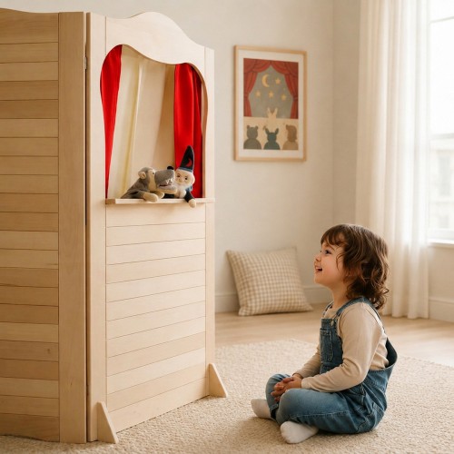 Kinder spielen mit Kasperletheater aus Holz Puppentheater im Kinderzimmer