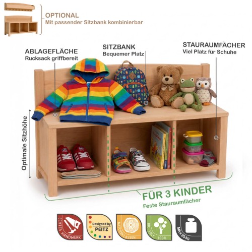 Kinder Sitzbank mit 3 Schuhfächern zeigt Ablagefläche, Sitzbank und großen Schuhstauraum.