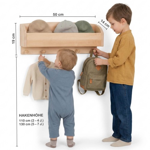 montessori kleiderschrank: Größenvergleich der Kindergarderobe Porto mit zwei Kindern und exakter Maßgrafik.