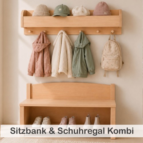 Kombination aus Kindergarderobe, Sitzbank und Schuhregal für mehr Ordnung im Eingangsbereich und Flur