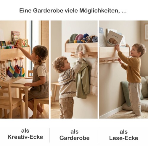 Kindergarderobe Holz. Zweigeteiltes Bild zeigt die Garderobe als Nachttisch-Ersatz und als Kreativ-Fach für Bastelmaterial.