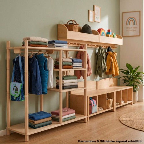 Montessori Kleiderschrank kombiniert mit Kinderzimmer-Garderobe und Aufbewahrung aus Holz