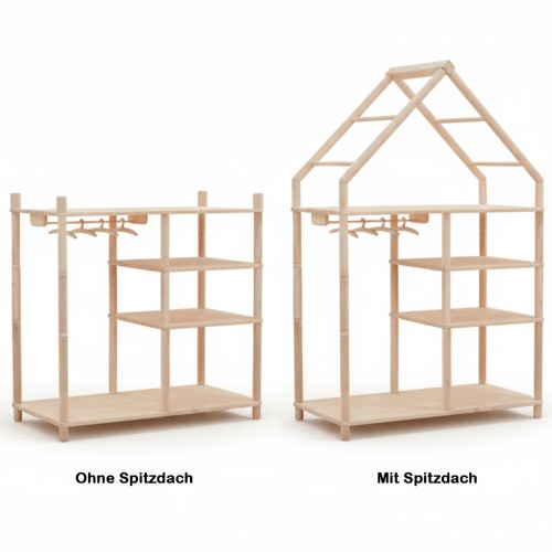Montessori Kleiderschrank mit Spitzdach als Haus-Design im direkten Variantenvergleich