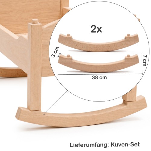 Lieferumfang der Wiegenkufen mit Maßangaben für das Puppenbett.